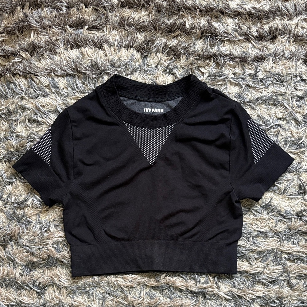 IVY PARK Black Mesh-Accent Short Sleeve Crop Top